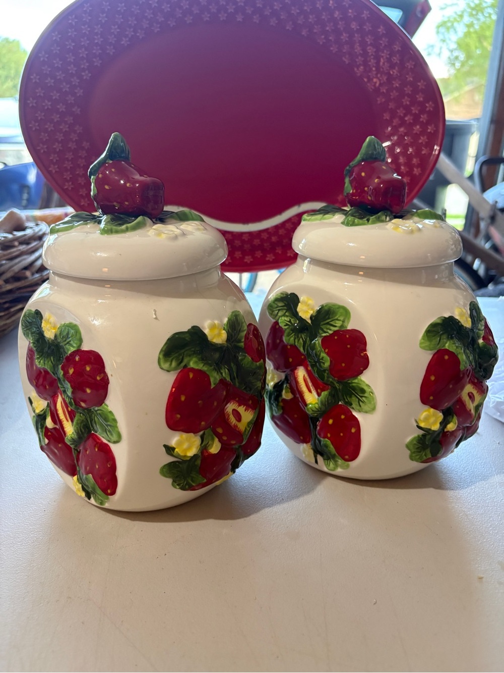 Vintage Ceramic Strawberry Canister Set - Red & Green